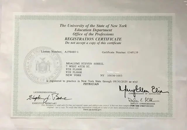 Dr. Steven S. Moalemi, MD Certificate